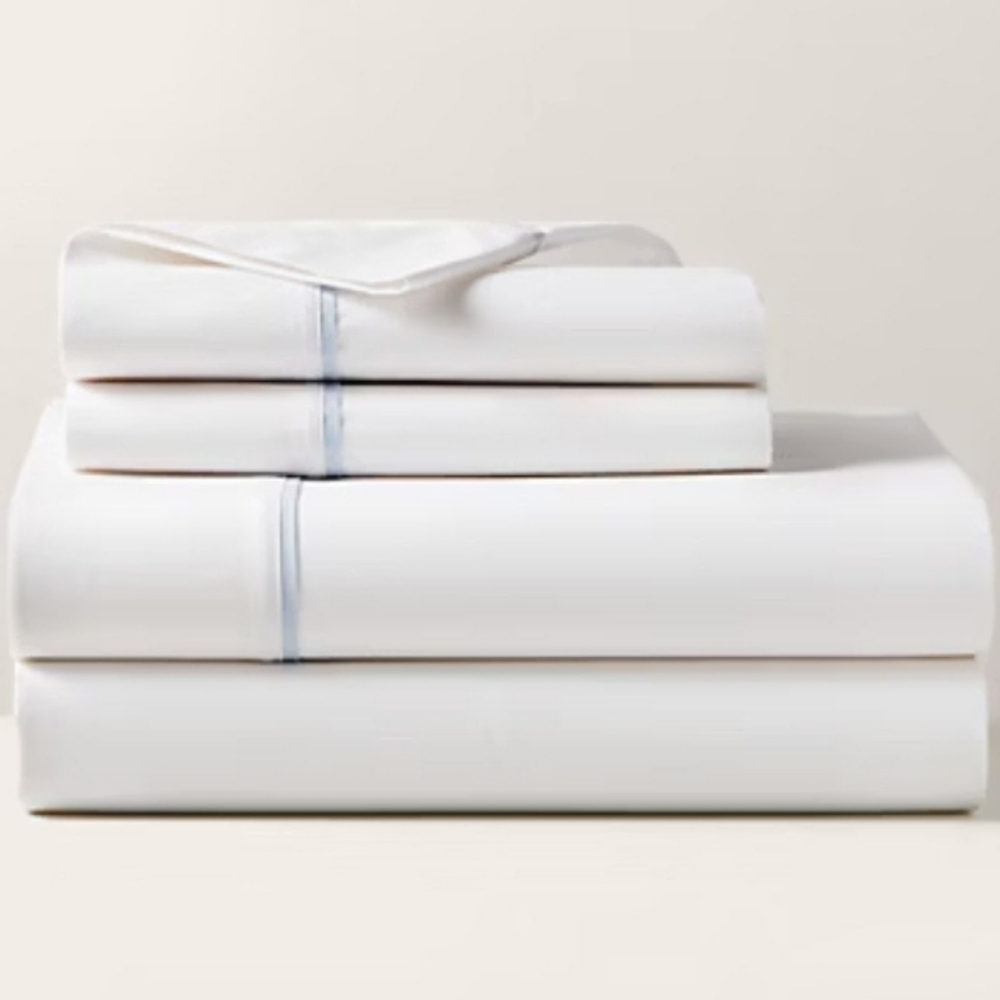 Ralph Lauren Organic Cotton Palmer Percale White & Sky Blue Queen Flat Sheet New